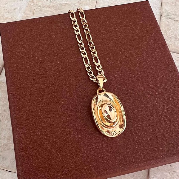 Colar Masculino Chapéu Pequeno com Cordão 3x1 Banhado a Ouro 18K