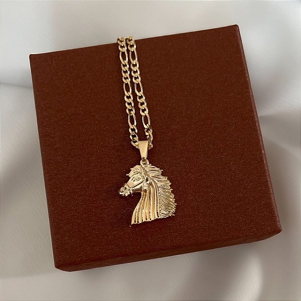 Colar Masculino Cavalo Refinado com Cordão 3x1 Banhado a Ouro 18K