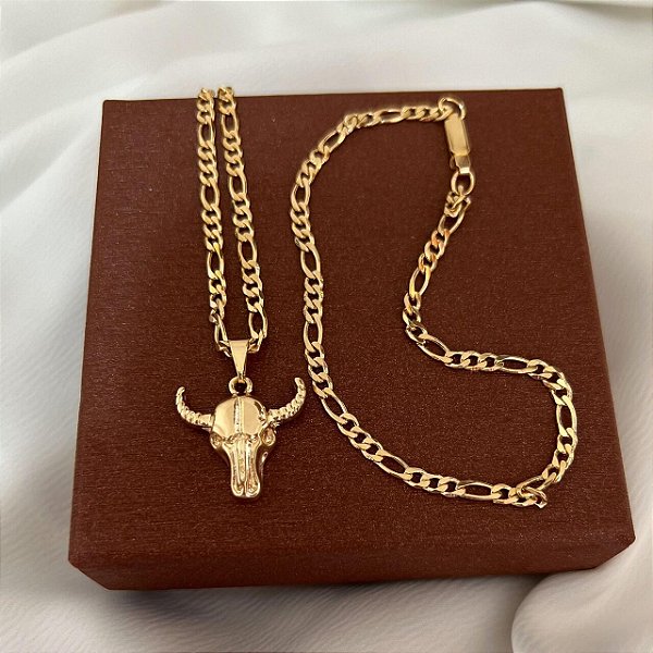 Conjunto Masculino Touro Tradição com Cordão 3x1 Banhado a Ouro 18K