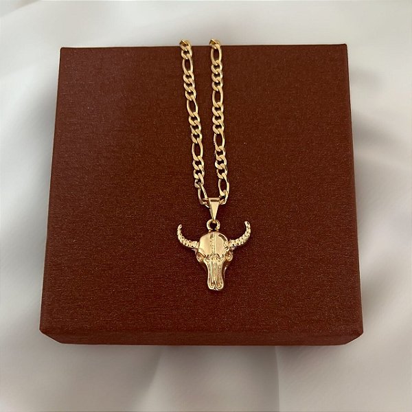 Colar Masculino Touro Tradição com Cordão 3x1 Banhado a Ouro 18K