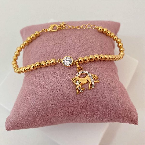Pulseira Feminina Cavalo com Ferradura e Detalhes em Ródio Banhada a Ouro 18K