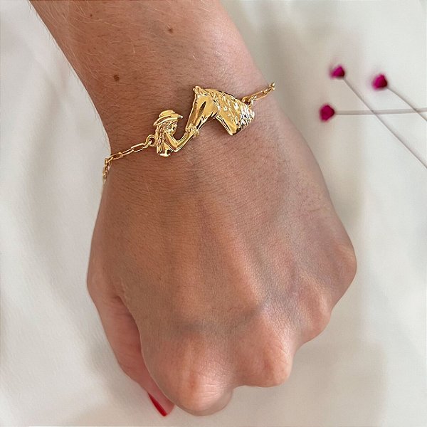 Pulseira Feminina Cavalo e Cowgirls Banhada a Ouro 18K