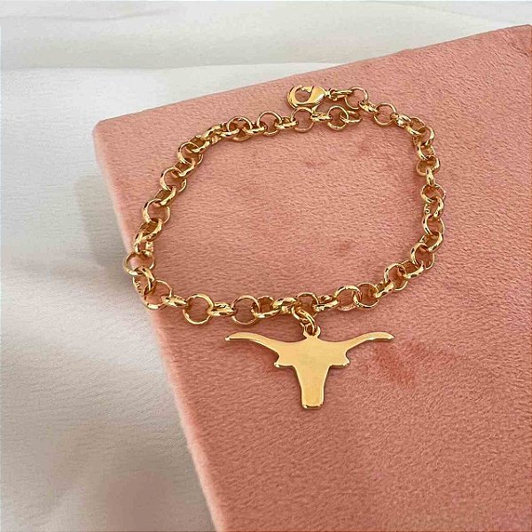 Pulseira Feminina com Touro em Elo Português Banhada a Ouro 18K
