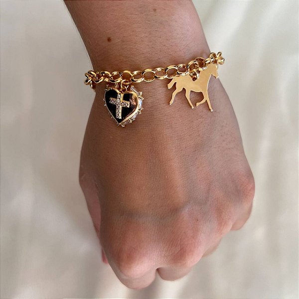 Pulseira Feminina Cavalo e Cruz no Elo Português Banhada a Ouro 18K