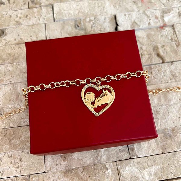 Pulseira Feminina Vaqueira com Coração em Elo Português Banhada a Ouro 18K