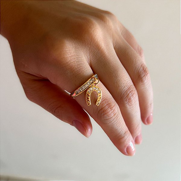 Anel Feminino Ferradura Zircônias Banhado a Ouro 18k