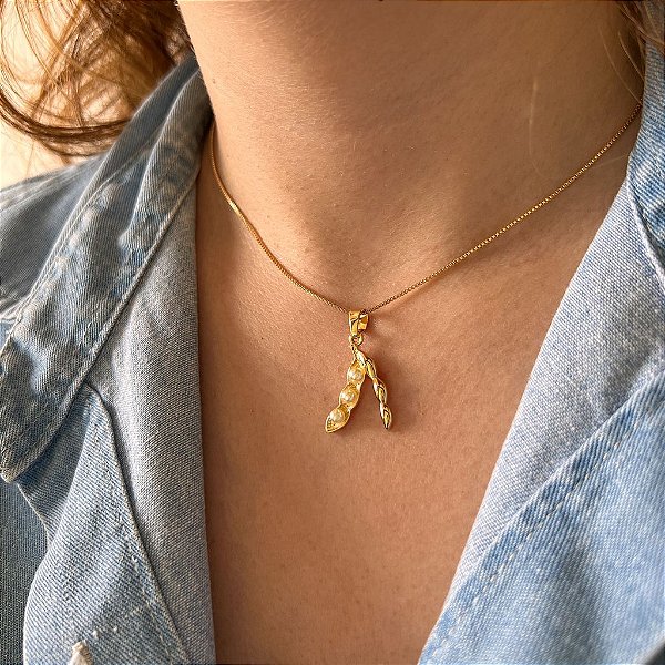 Colar Feminino Soja Pérola Banhada a Ouro 18k