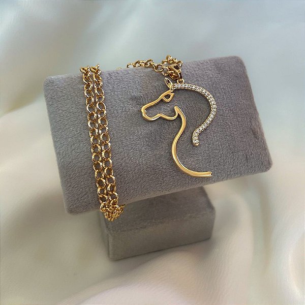 Colar Feminino Cavalo Charme Zircônias com Elo Português Banhado a Ouro 18K