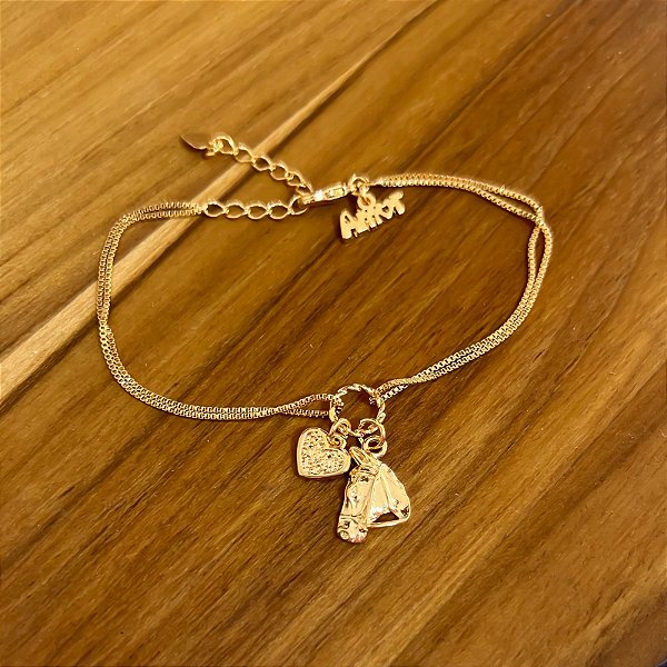 Pulseira Feminina Horse Rosto Coração Banhado a Ouro 18k
