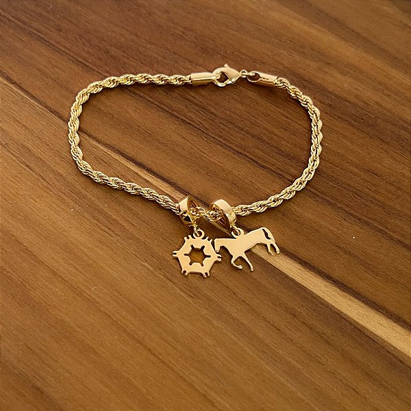 Pulseira Berloque Agronomia & Cavalo Banhados a Ouro 18k