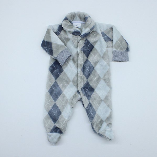 Macacão Tip Top Bebê Prematuro em Fleece Xadrez Cinza