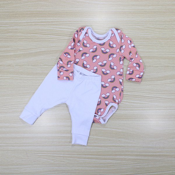 Conjunto Body Prematuro Em Malha De Algodão Salmão Arco-íris