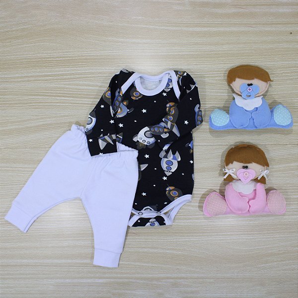 Conjunto Body Prematuro Em Malha De Algodão Foguete Preto