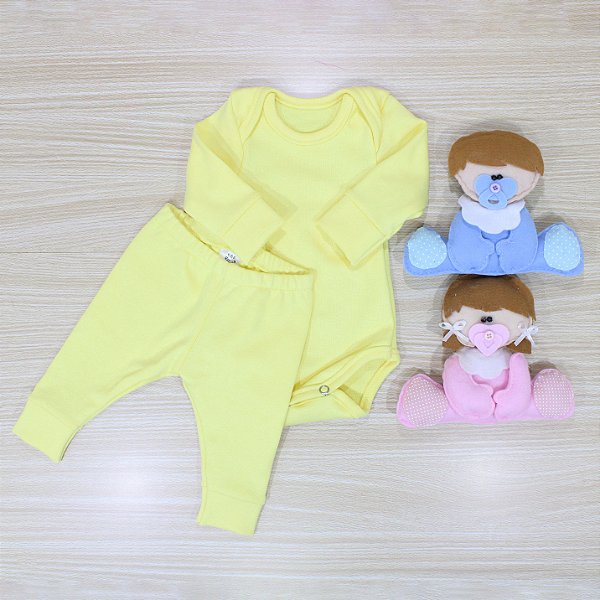 Conjunto Body Bebê Prematuro Malha Ribana Amarelo