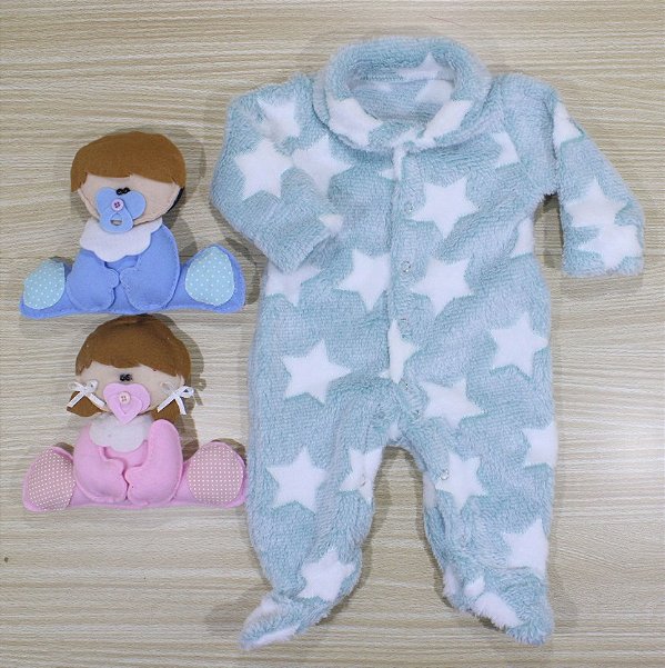 Macacao Tip Top Prematuro Fleece Verde Claro Estrela Branca