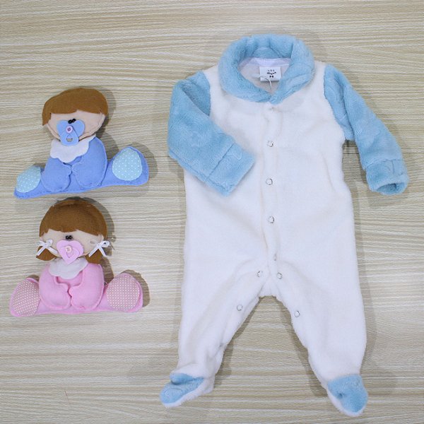 Macacão Tip Top Prematuro Branco Gola E Manga Azul 3d