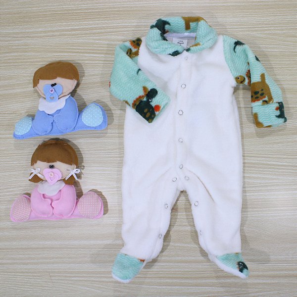 Macacão Tip Top Prematuro Branco Gola E Manga Dinossauro