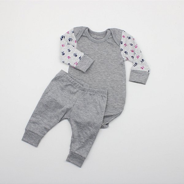 Conjunto Body Prematuro Cinza Flor Bod146