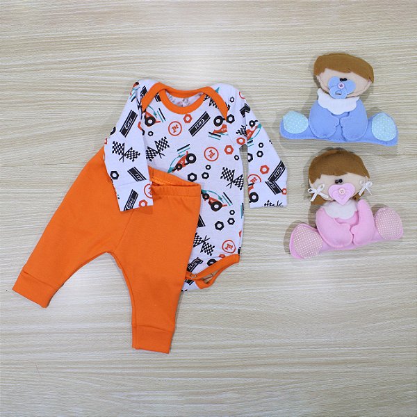 Conjunto Body Prematuro Branco E Calça Laranja Carrinhos