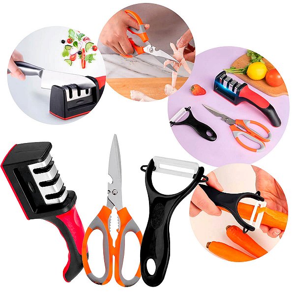 Kit Cozinha Amolador Tesoura Descascador Legumes [3 Peças]
