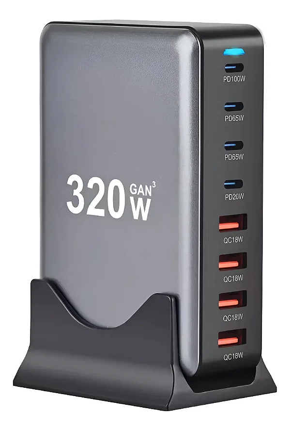 Carregador de parede Essager 320w Gan 4x USB-C e 4x USB-A