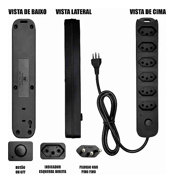 Filtro de linha 6 Tomadas com fusível