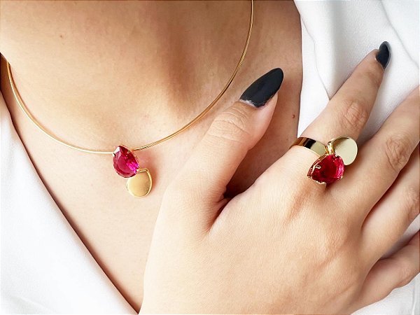Conjunto Zarah - Colar e Anel com Pedras Rubi- Semijoia