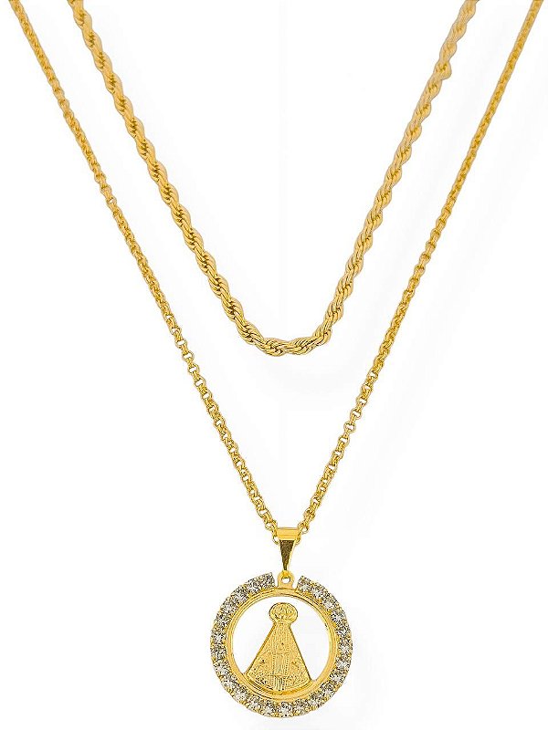 Colar Nossa Senhora Aparecida Cordão Bainao-Folhado Ouro 18k