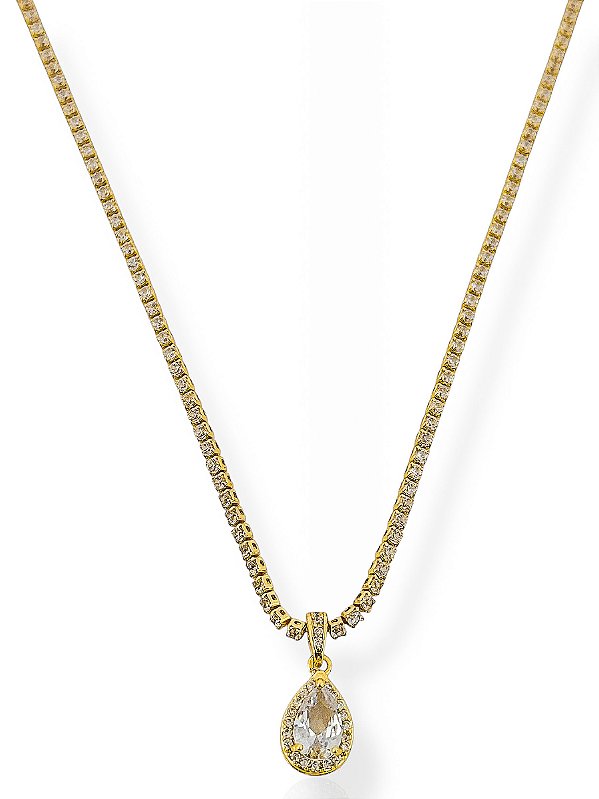 Colar Corrente Cravejada com Pingente de Gota- Folhada a Ouro 18K