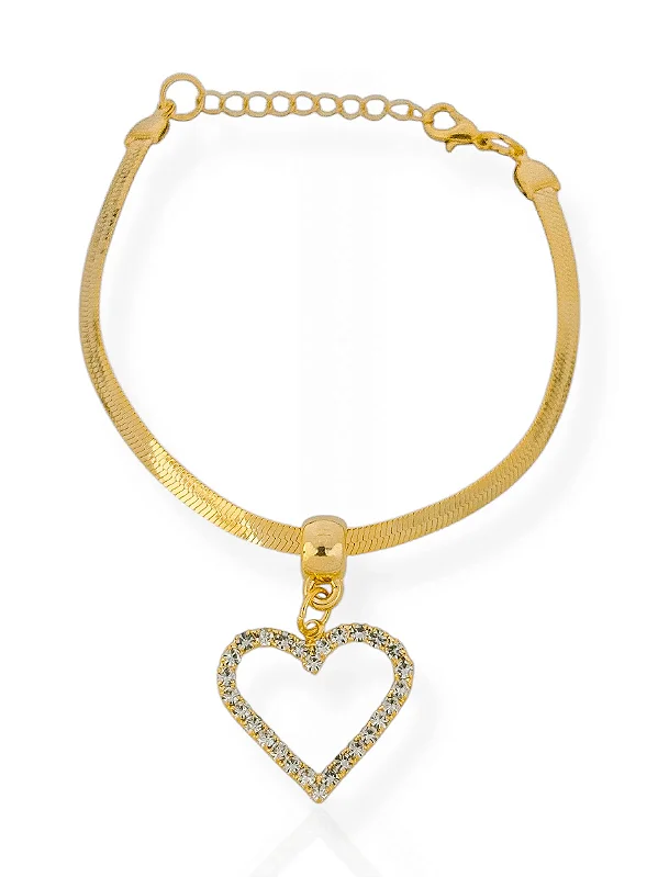 Pulseira Fita Laminada e Coração Vazado Com Bordas Cravejado- Folhada Ouro 18K