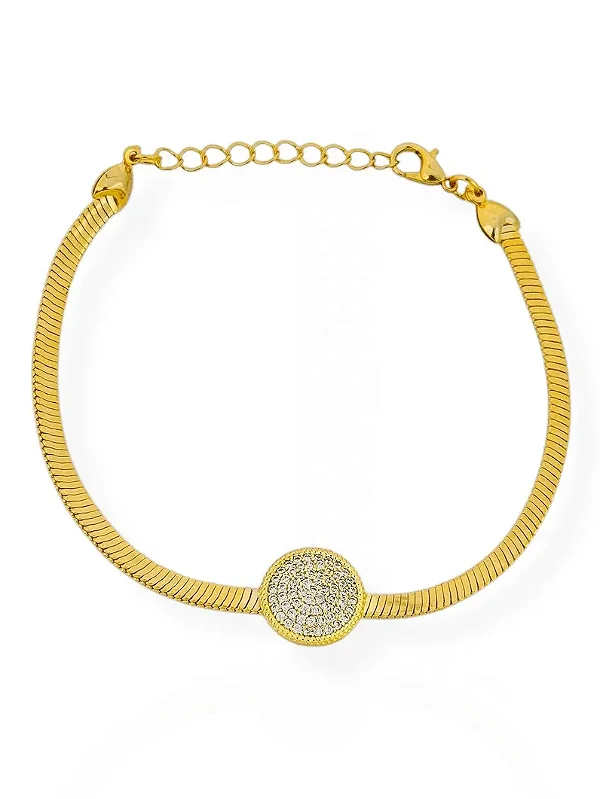 Pulseira Fita com Circulo Cravejado - Folhada a Ouro 18K