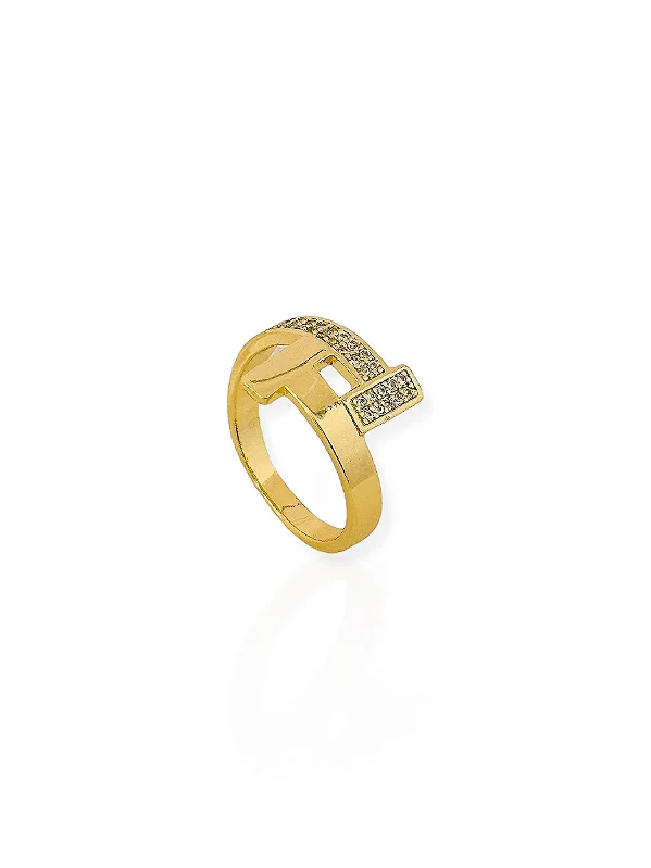 Anel Design T ponta Cravejada- Folhado Ouro 18K