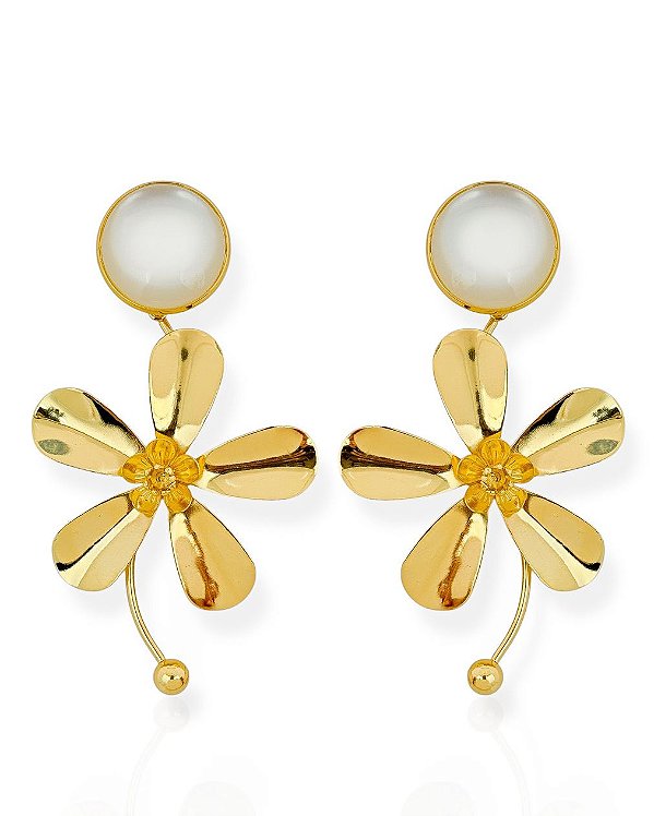 Brinco Flor Perolada- Folhada Ouro 18K