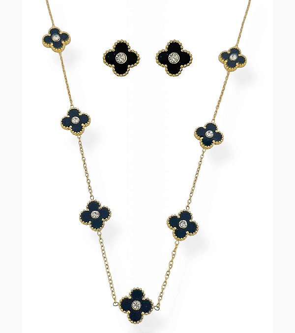 Conjunto Trevo com Ponto de Luz- Folhado a Ouro- AÇO INOXIDÁVEL