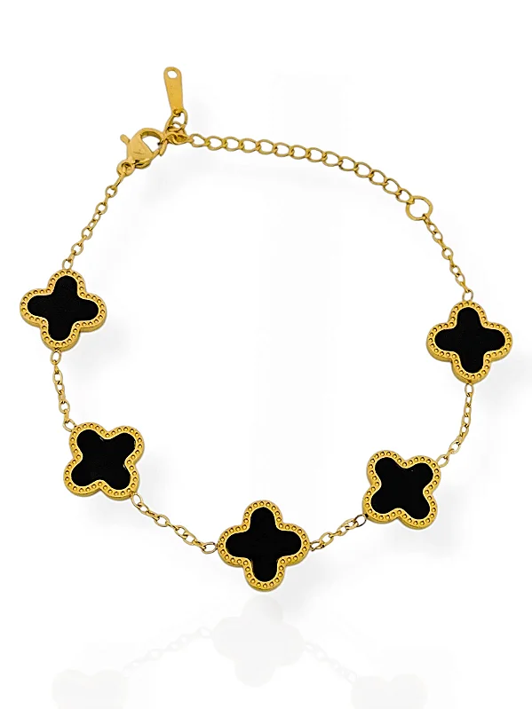 Pulseira Trevo Aço Inoxidável Preta- Folhada Ouro 18K