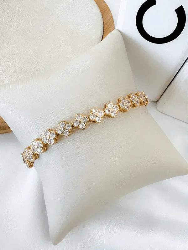 Pulseira Trevo Cravejado na Zircônia- Folhado a Ouro 18K
