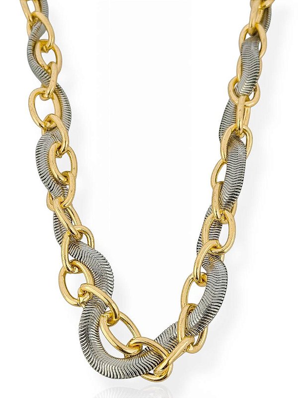 Colar Elos Texturizados Duo Color - Folhado Ouro 18 K e Prata 925