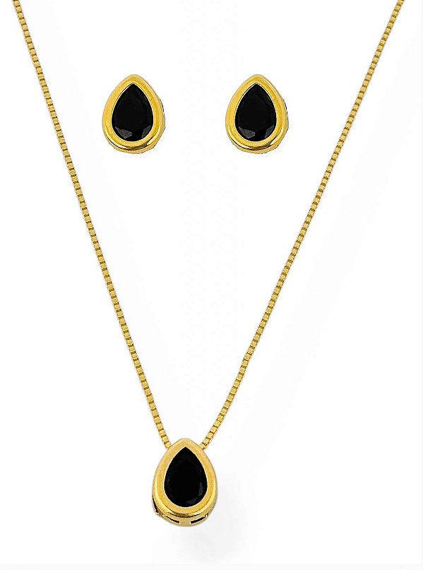 Conjunto Gota Noir- Folhado Ouro 18k