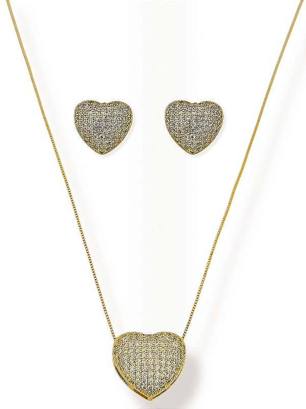Conjunto Coração Cravejado Luz Serena- Folhado Ouro 18K