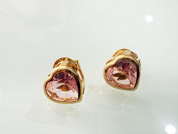 Brinco Coração Zircônia Rosa- Banhado Ouro 18K