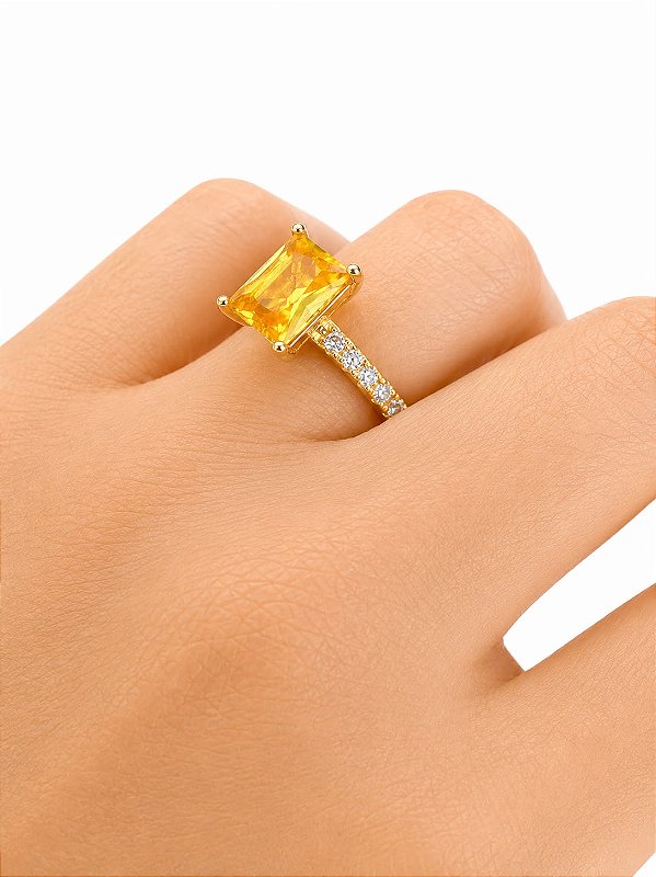Solitário Citrino Zirconia Retângular