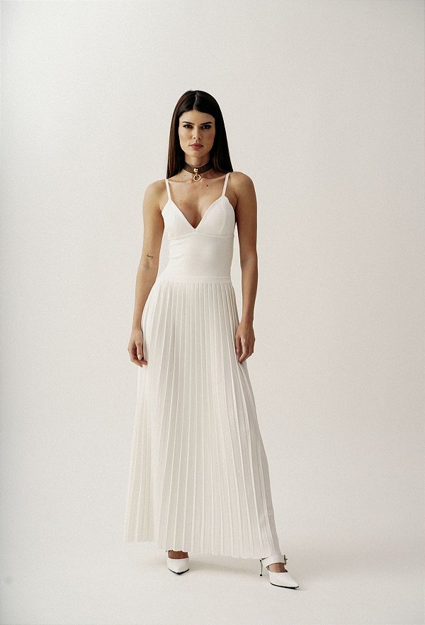 Vestido Plissado Longo em Tricot
