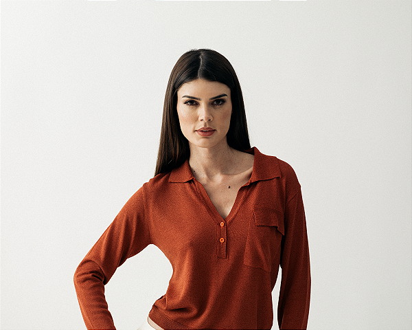 Camisa Polo Feminina em Tricot TELHA
