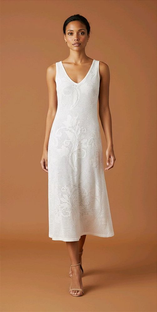 VESTIDO MIDI EM TRICOT COM BORDADO DE FLORES