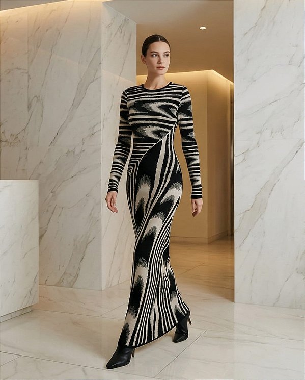 VESTIDO LONGO ANIMAL PRINT EM TRICOT