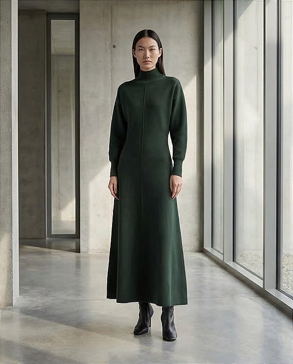 VESTIDO MIDI EVASÊ EM TRICOT MANGA BUFANTE