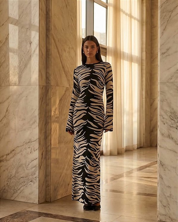 VESTIDO LONGO ANIMAL PRINT EM TRICOT