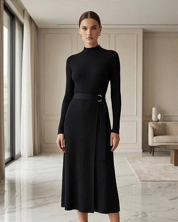 VESTIDO CONELADO MANGA LONGA COM SAIA PARIÔ (PRETO)