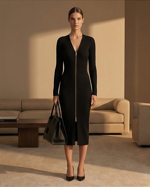 VESTIDO CANELADO MANGA LONGA COM ZIPER (PRETO)