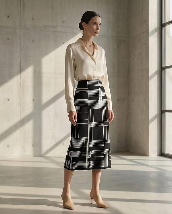 SAIA JACQUARD XADREZ IRREGULAR EM TRICOT (PRETO/OFF)